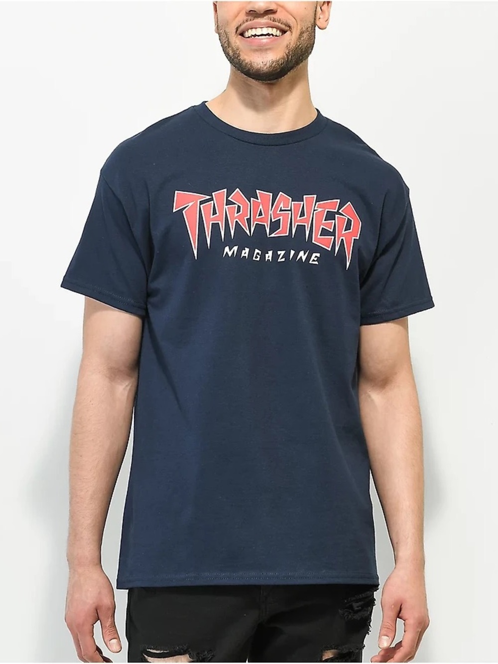 Thrasher Magazine JAGGED LOGO Skateboard T Shirt NAVY BLUE